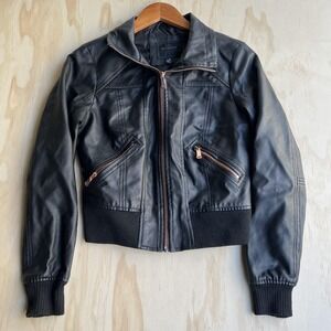 Miss London Jacket Women's Small Black Faux Leather Bomber Zip Pockets Collared